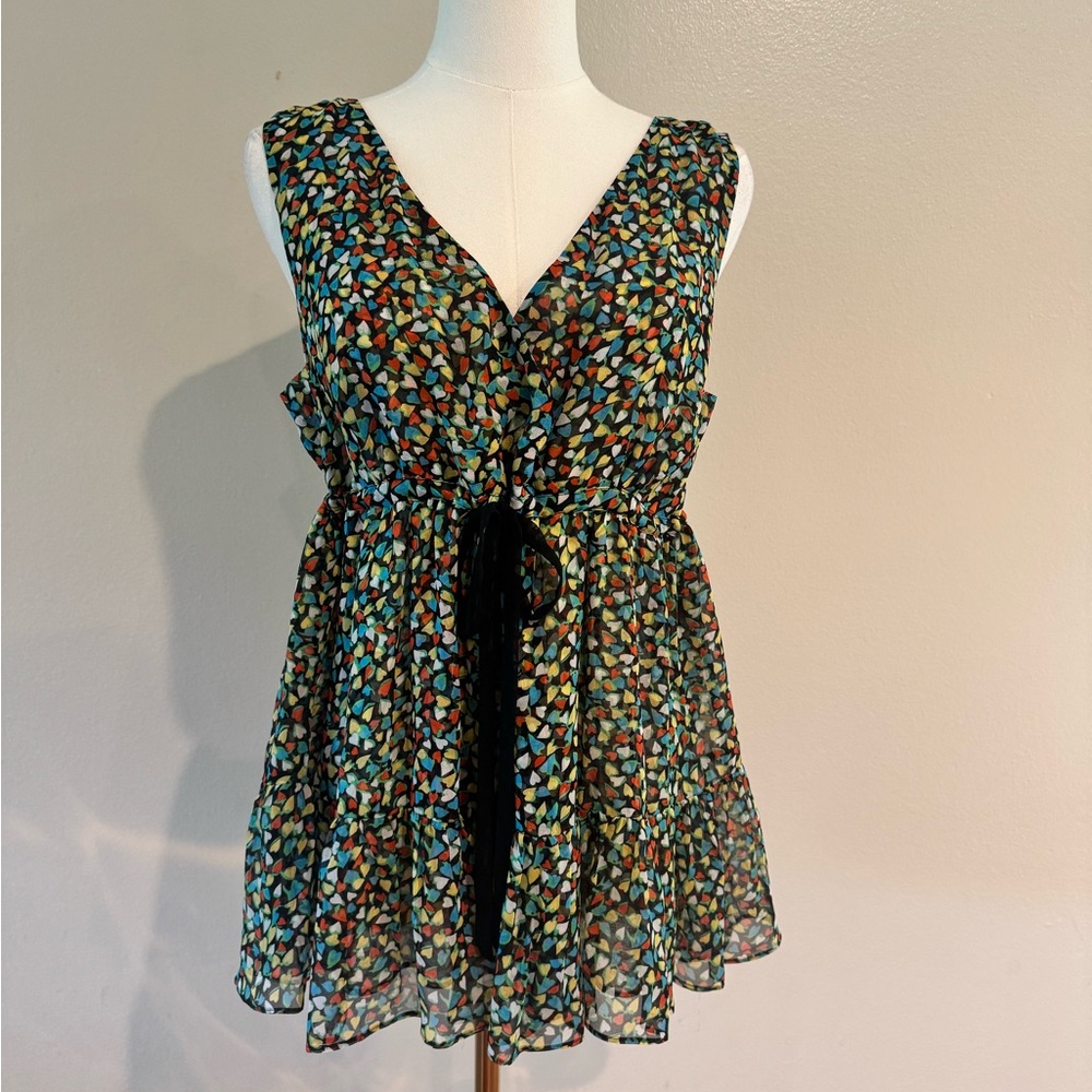Anthropologie Odille Black Silk Top with Multicolor Heart Print